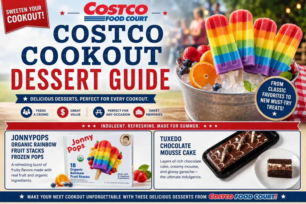 Costco cookout dessert guide featuring cheesecake, cookies, macarons, and summer BBQ dessert ideas for large gatherings