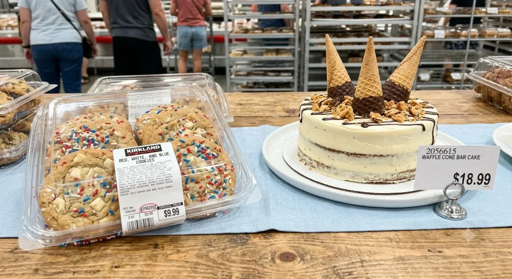 Costco bakery display featuring Kirkland Signature Red, White, and Blue Cookies in a clear plastic container priced at $9.99, alongside a Kirkland Signature Waffle Cone Bar Cake decorated with chocolate drizzle, crumble, and mini waffle cones on a white platter priced at $18.99.