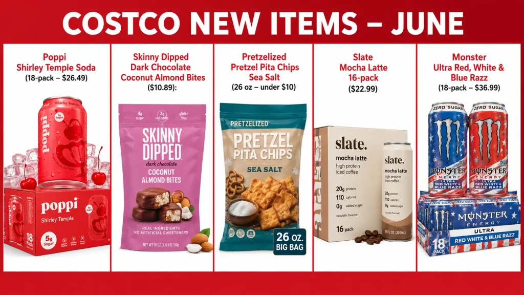 Costco new items June 2026 summer snacks drinks frozen desserts and outdoor products at Costco warehouse display