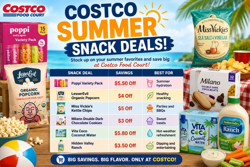 Costco summer snack deals display featuring bulk packs of chips, popcorn, cookies, nuts, and beverages arranged in a warehouse aisle for seasonal shopping savings.