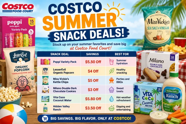 Costco summer snack deals display featuring bulk packs of chips, popcorn, cookies, nuts, and beverages arranged in a warehouse aisle for seasonal shopping savings.
