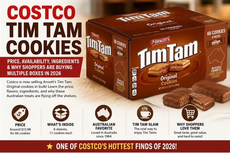 Costco Tim Tam Cookies box featuring 66 original Australian chocolate biscuits, price, ingredients, availability, and shopper buying guide for 2026