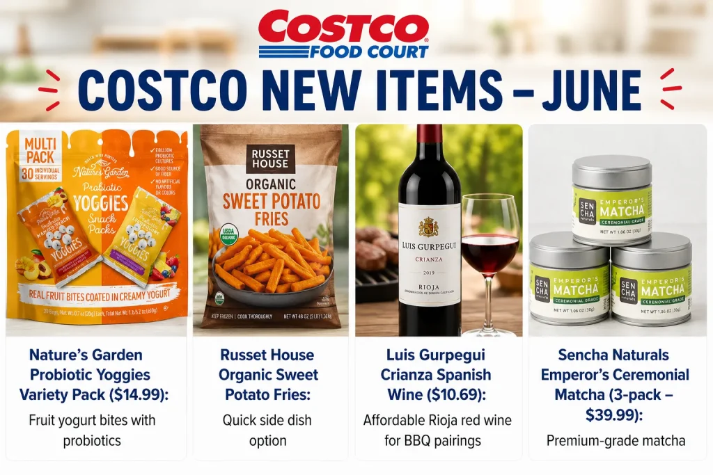 Latest Costco new items June 2026 featuring Poppi soda ice cream bars and seasonal Kirkland Signature deals in store aisles