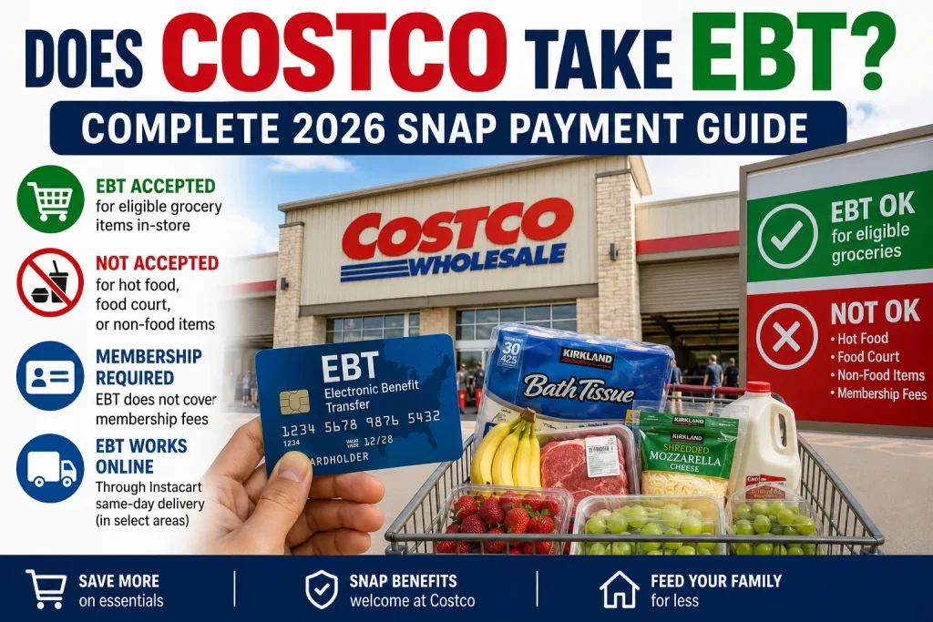 Does Costco take EBT guide showing SNAP payment rules at Costco, eligible grocery items, online Instacart usage, and membership restrictions in 2026
