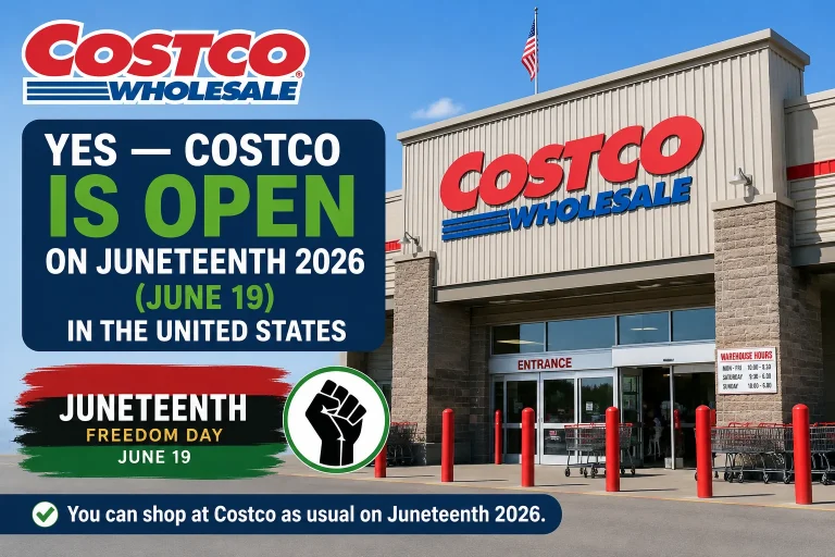 Is Costco open on Juneteenth 2026 showing Costco warehouse exterior with customers shopping inside, confirming Costco is open with regular business hours on June 19 holiday in the United States.