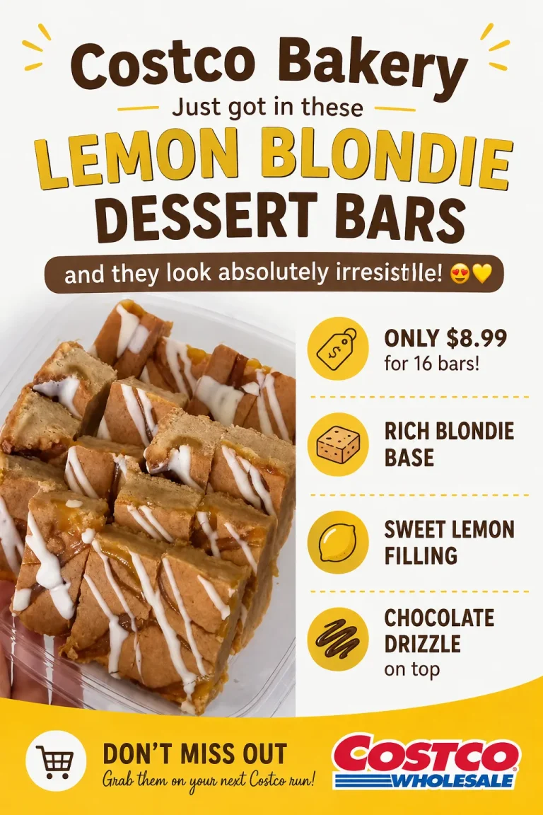 Lemon Blondie Dessert Bars at Costco Bakery featuring chewy blondie base, sweet lemon filling, and chocolate drizzle in a 16-count tray for $8.99.