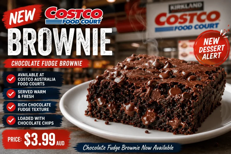 Costco Australia Food Court Chocolate Fudge Brownie served warm with melted chocolate chips, available for $3.99 AUD as a new dessert menu item.